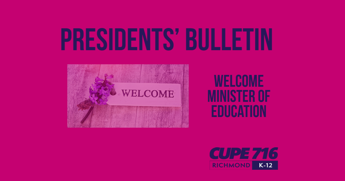 You are currently viewing President’s Bulletin #40 – Welcome to Minister of Education Jennifer Whiteside